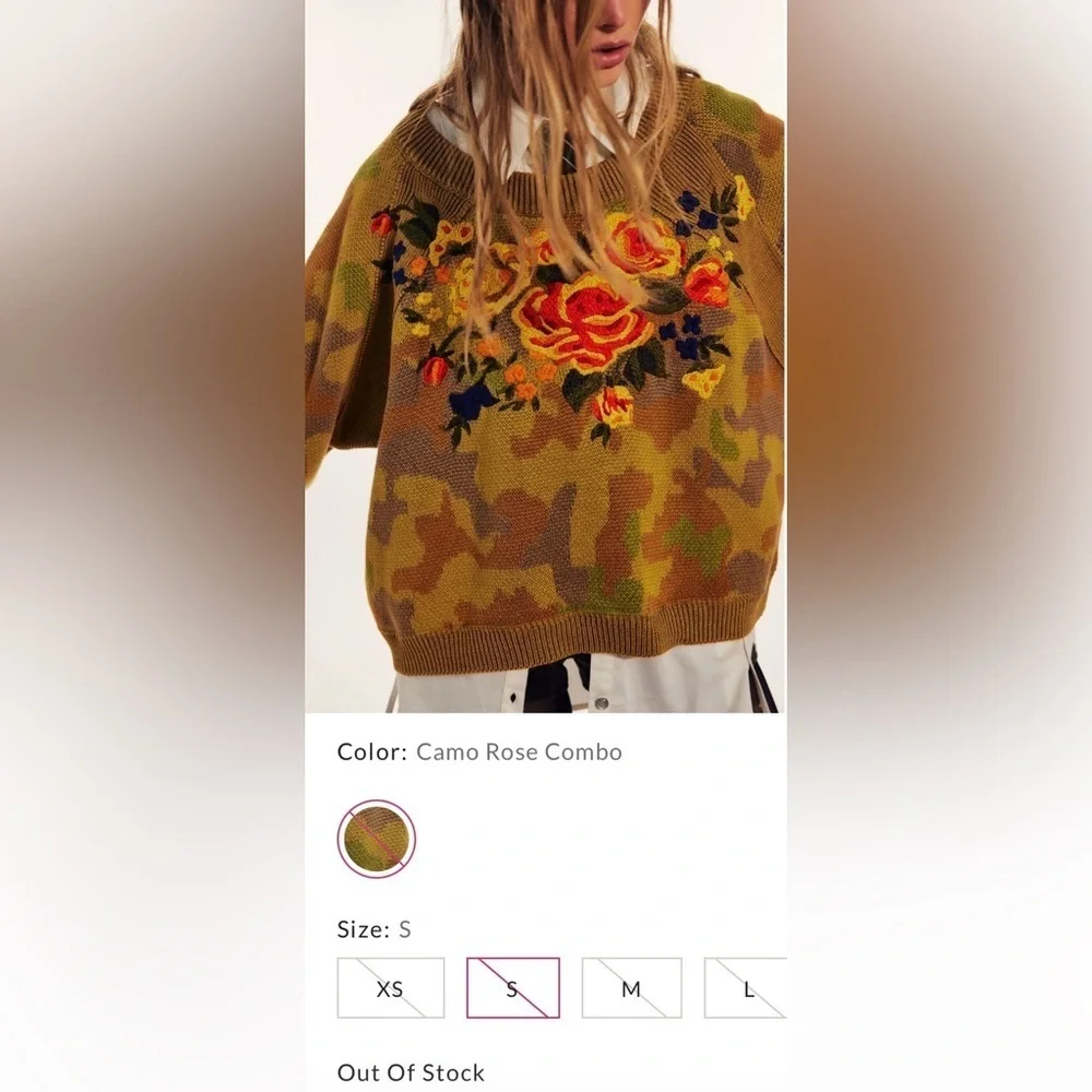 Free People Camo Rose Pullover Sweater NWT